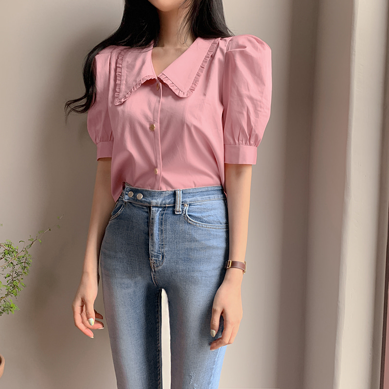 Ruffle collar puff sleeves shirt blouse woman top 34077