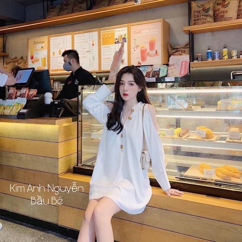 Đầm sơ mi suông lụa trắng hở vai tiểu thư dáng rộng thụng siêu xinh, Váy dự tiệc dáng xuông khoét vai hàng đẹp | BigBuy360 - bigbuy360.vn