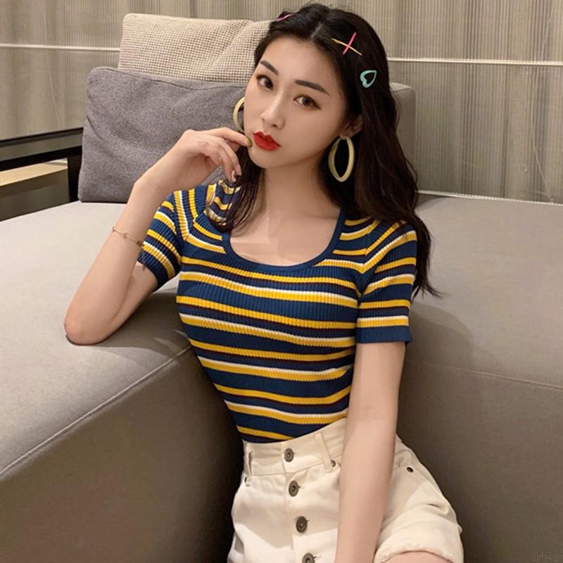 Áo Thun Tay Ngắn Cổ Chữ U Họa Tiết Kẻ Sọc Thời Trang Hàn Quốc