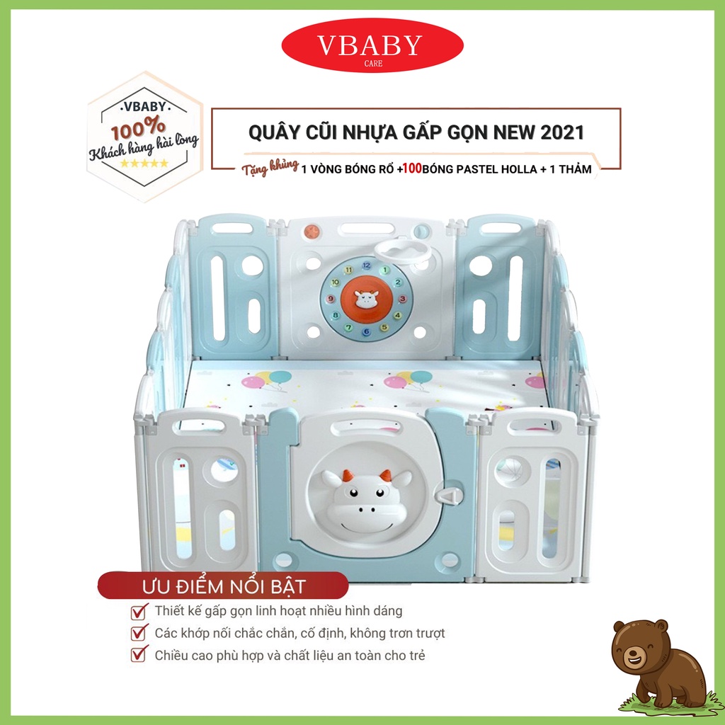 Quây Cũi Nhựa Gấp Gọn V-Baby 2022 TẶNG 100 Bóng Rổ Thảm và Giỏ Đựng Bóng