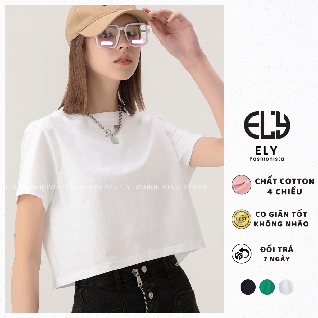 Áo croptop nữ ELYcao cấp cổ tròn trơn vải cotton co giãn thoáng mát freesize ngắn tay thun dáng rộng ELY214
