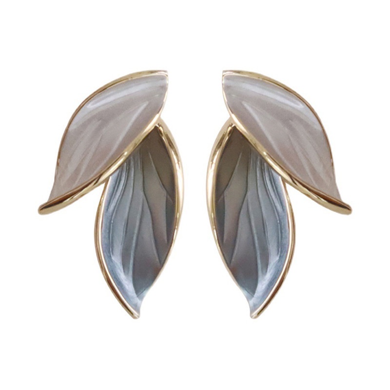 Bông Tai Hình Lá Màu Xám Bằng Kim Loại Phong Cách Hàn Quốc Mới