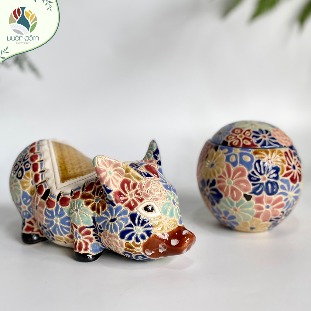 Tượng heo gốm bách hoa, lợn tiết kiệm decor trang trí Vườn Gốm - The Garden