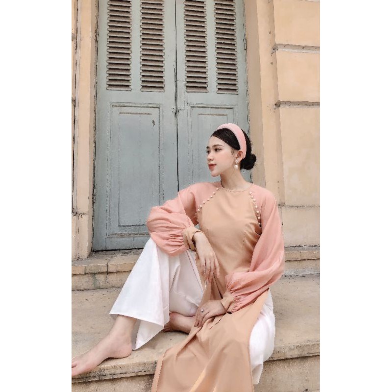 Áo dài hồng gạch phối tay