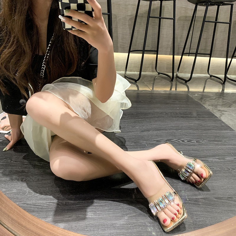 Dép Cao Gót Quai Trong Suốt Đính Đá Thời Trang Mùa Hè Dành Cho Nữ