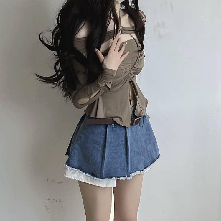 Jiashucheng Hàng Có Sẵn Chân Váy Denim Dài Xếp Ly Giả Hai Mảnh Bất Đối Xứng Bí Mật