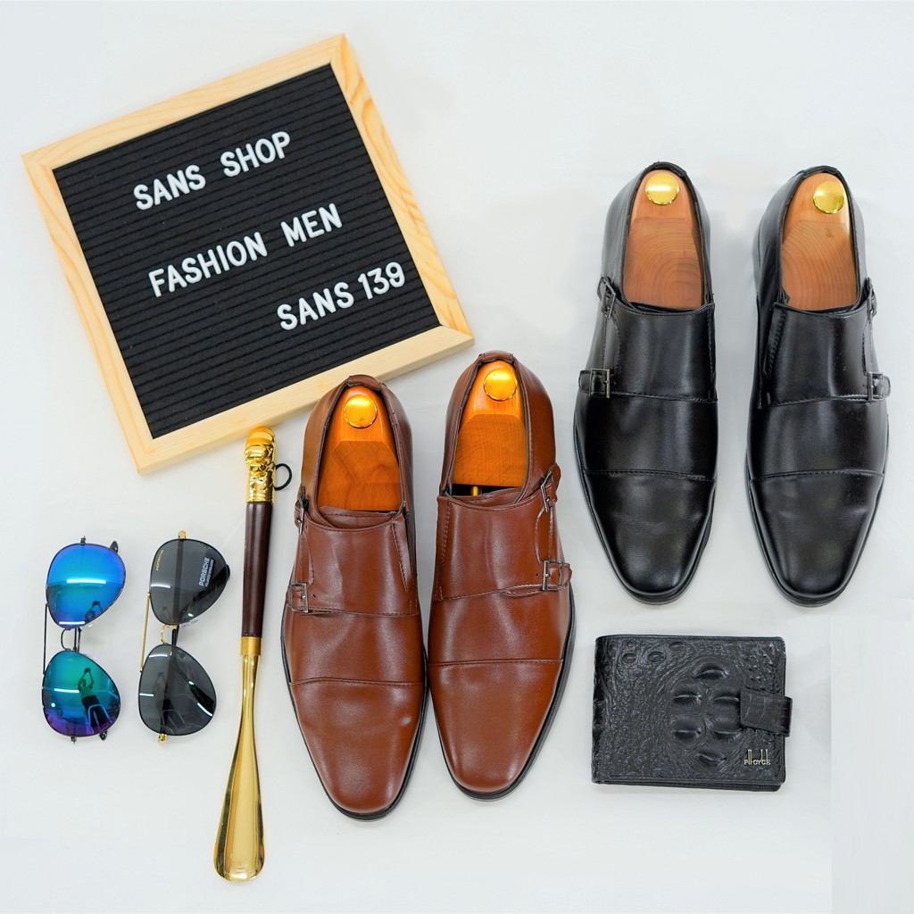 Giày da nam giá rẻ Sans139 công sở mũi vuông màu đen nâu double monk strap men shoes