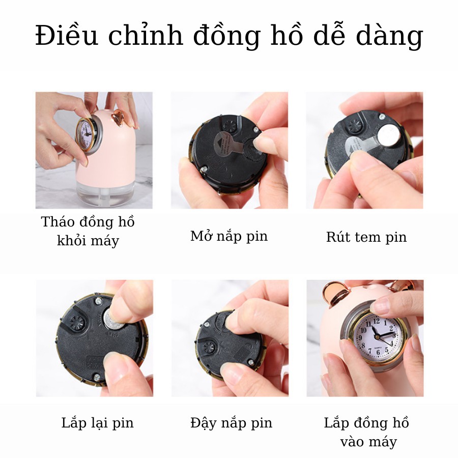 [BH + QUÀ 9K] Máy Phun Sương Tạo Ẩm, Máy Xông Tinh Dầu Khuếch Tán Hương Thơm, Có Đèn Led Hình Đồng Hồ Gấu, Tặng quà 9k