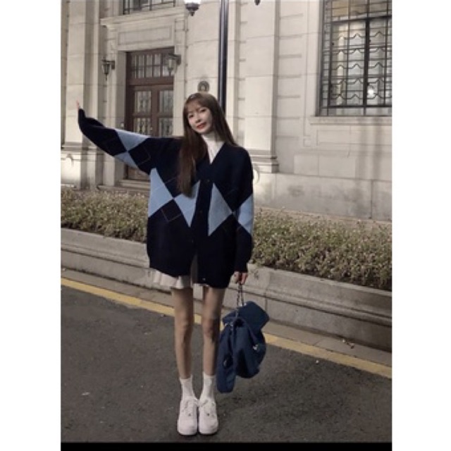 Áo khoác cardigan len nữ Quảng châu họa tiết hình thoi kim cương trám caro phong cách hàn quốc vintage ulzzang - CLG05