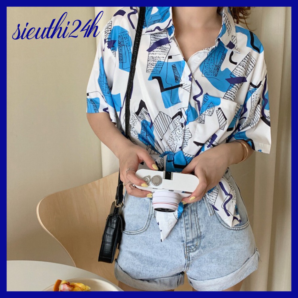 Áo sơ mi nữ form rộng tay lỡ, in Ô Vuông Xanh Trắng, dáng ulzzang mặc cặp, nhóm trẻ trung, sành điệu SMH.41