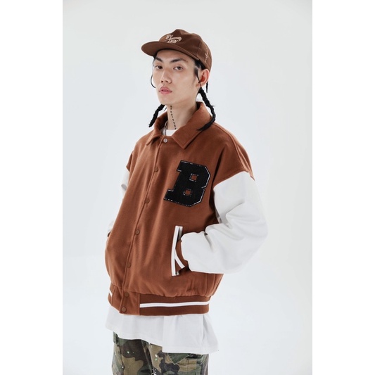 Bomber Bear Varsity Jacket, áo khoác bóng chày 2 màu đen_nâu