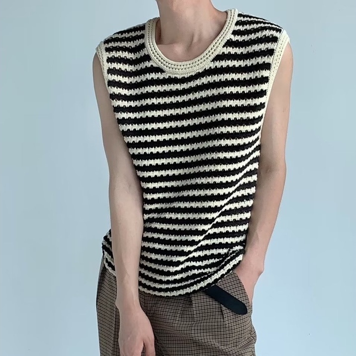 Áo Len Không Tay Cổ Tròn Họa Tiết Kẻ Sọc Trắng Đen Thời Trang Mùa Hè Cho Nam