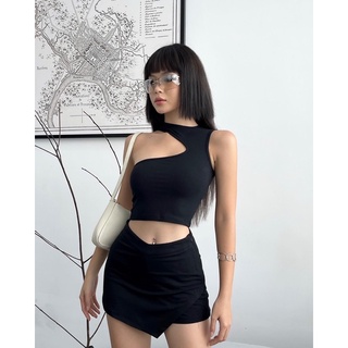 Set váy ôm body, croptop hở vai body và quần váy ôm xẻ tà chất thun gân mỏng may 2 lớp ôm form body