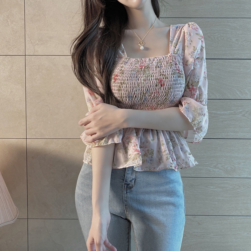 Áo chiffon IELGY cổ vuông tay lửng in họa tiết hoa ngọt ngào cho nữ