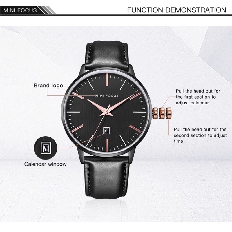 Đồng hồ nam MINI FOCUS MF0115G.03 dây da thật màu đen viền thép không gỉ màu đen 3 kim hàng chính hãng cao cấp Nhật Bản