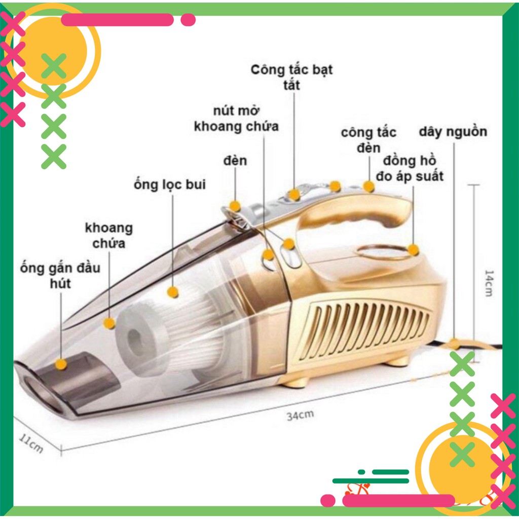 [FREE SHIP] 💥[CHÍNH HÃNG + FREE SHIP]💥 Máy Hút Bụi ô tô 4 in 1 Bơm Lốp Đo Áp Suất Và Đèn Pin Siêu Sáng BẢO HÀNH 1 NĂM�