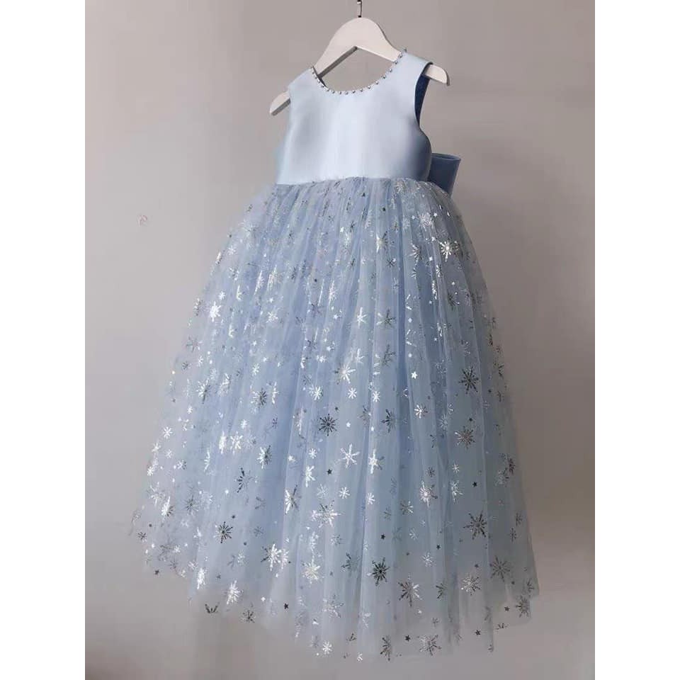 Váy bé gái công chúa xanh nơ sau 3 lớp bồng bềnh