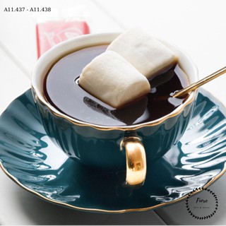 Tách trà - tách trà sứ viền vàng uống trà và cà phê có đĩa và thìa đẹp decor bàn làm việc Pumkin kiểu Anh