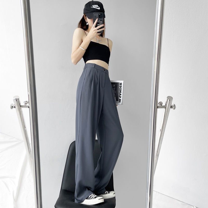 [Spot] high-waisted high-waisted large-size gray casual pants summer autumn straight-leg pants wide-leg trousers silk wide-leg trousers slim high-waisted women's long pants slim and fat mm