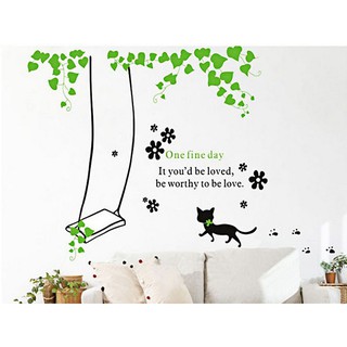Decal dán tường LUVINA trang trí nội thất phòng ăn, phòng ngủ, phòng khách - bé mèo đen và xích đu xanh