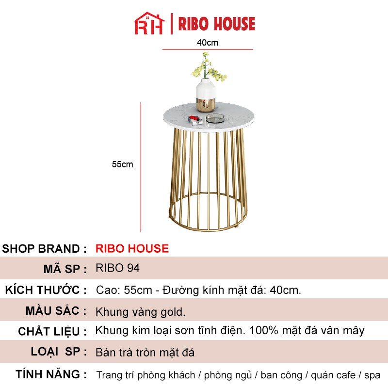 Bàn trà sofa RIBO HOUSE mặt bàn đá vân mây mẫu 4 kệ trang trí trang trí spa, phòng khách, nhà nghỉ, ban công RIBO94