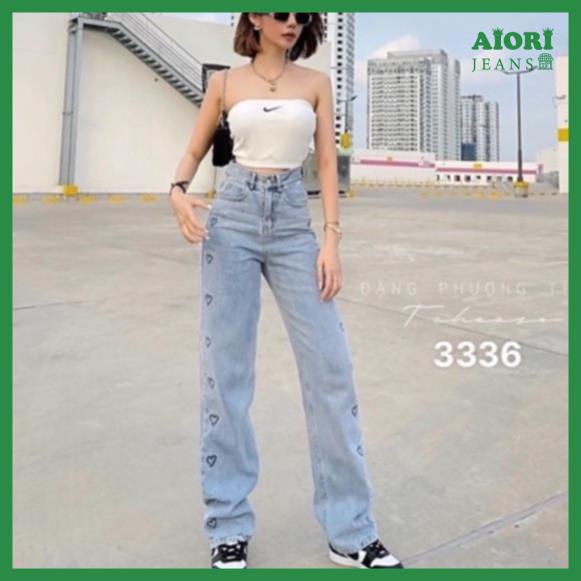 Quần Jeans Nữ, Quần Bò Nữ Aiori Ống Rộng Cạp Cao Họa Tiết Trái Tim Đen Bò Suông Phong Cách Thời Trang Hàn Quốc_Mã 3336