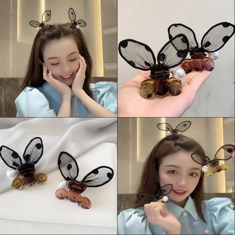 Kẹp tóc Seagloca hình tai thỏ dễ thương chất liệu ren đính ngọc trai giả họa tiết chấm bi