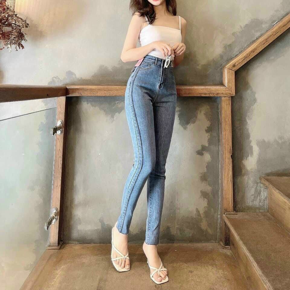 Quần jeans lưng cao co giãn may 2 kẻ sọc