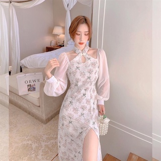 Đầm sườn xám cách tân dáng dài hở vai xẻ tà quyến rũ