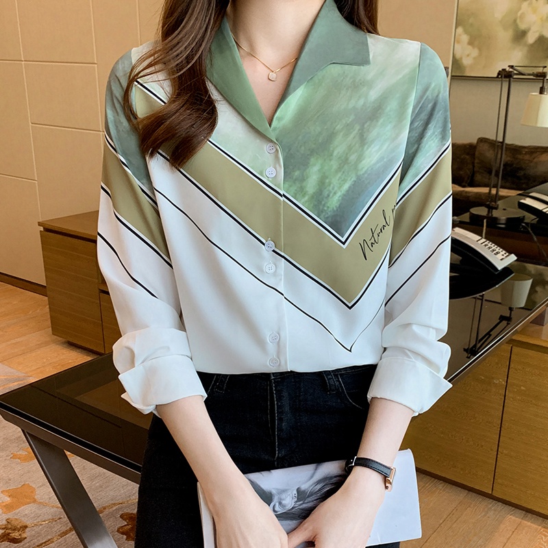 Áo sơ mi tay dài phối màu thời trang công sở phong cách Hàn Quốc
