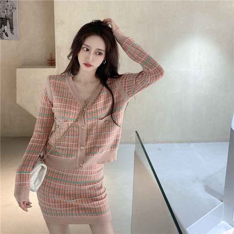 Set Áo Cardigan Dệt Kim Tay Dài Kẻ Sọc + Chân Váy Lưng Cao Dáng Ôm Thời Trang Cho Nữ
