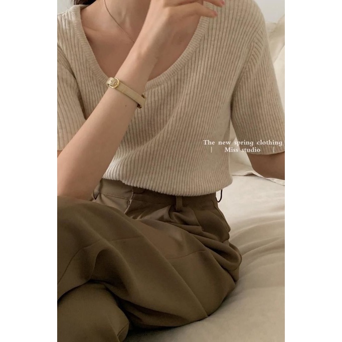 Áo Thun Dệt Kim Ngắn Tay Cổ Tròn Dáng Rộng Thời Trang Mùa Hè Cho Nữ