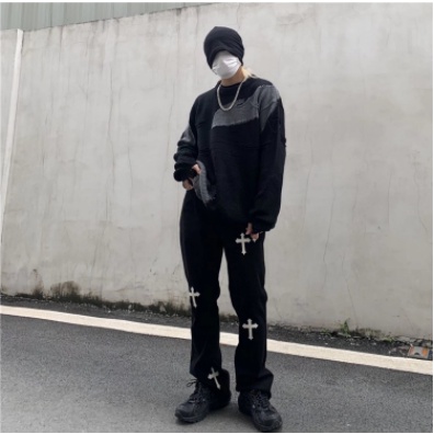 Quần ống Rộng Unisex nam nữ cao cấp - mềm Thêu Chữ THập- quần bò ống đứng