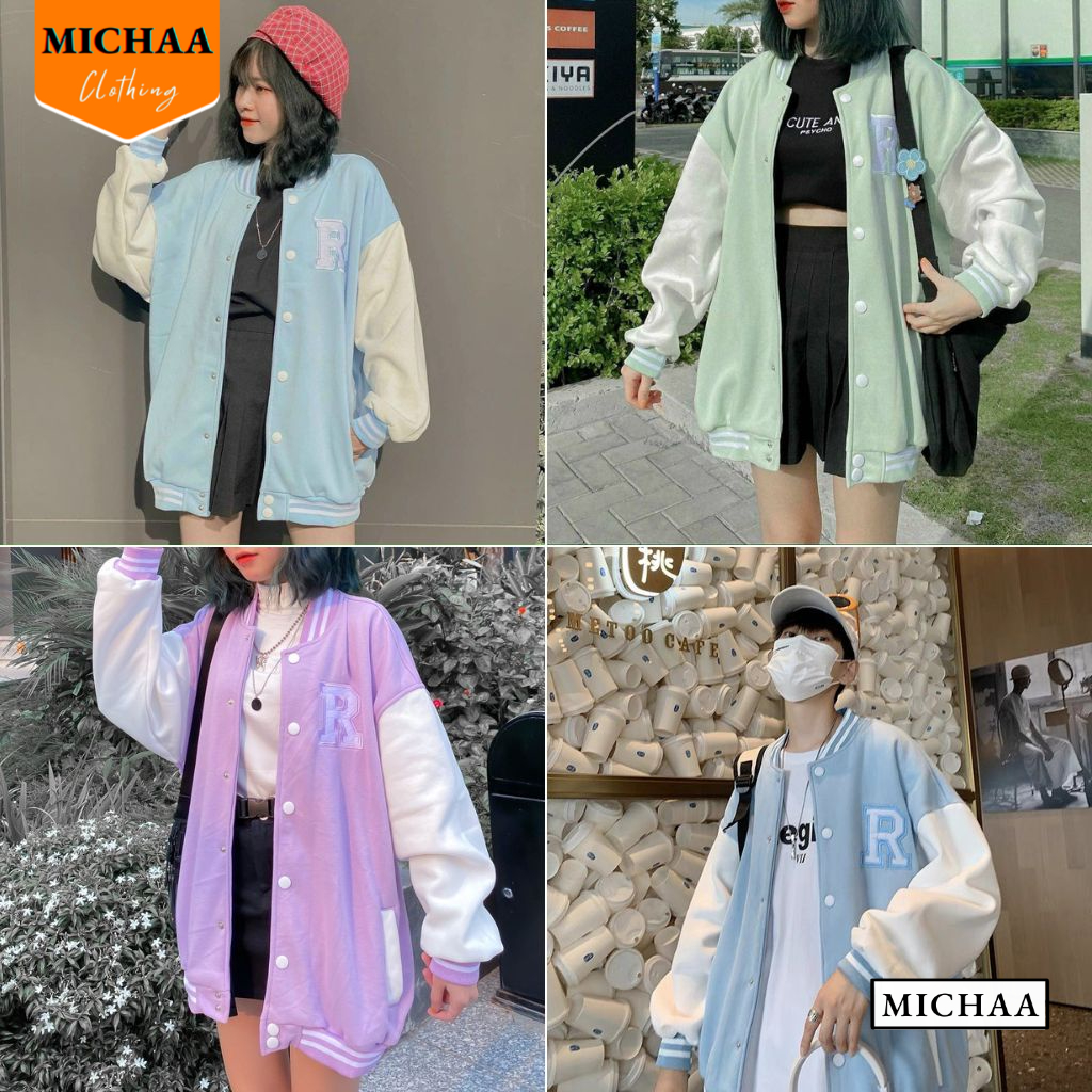 Áo Bomber nỉ CHỮ R Ulzzang form rộng Unisex áo khoác nỉ bông Michaa