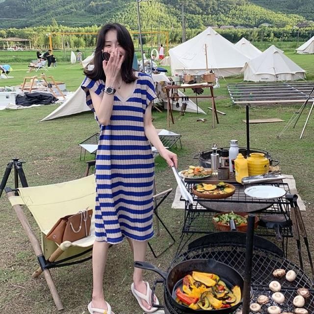 Jiashucheng Đầm Dài Cổ Chữ V Họa Tiết Kẻ Sọc Phong Cách Hoàng Gia Pháp Thời Trang Cho Nữ