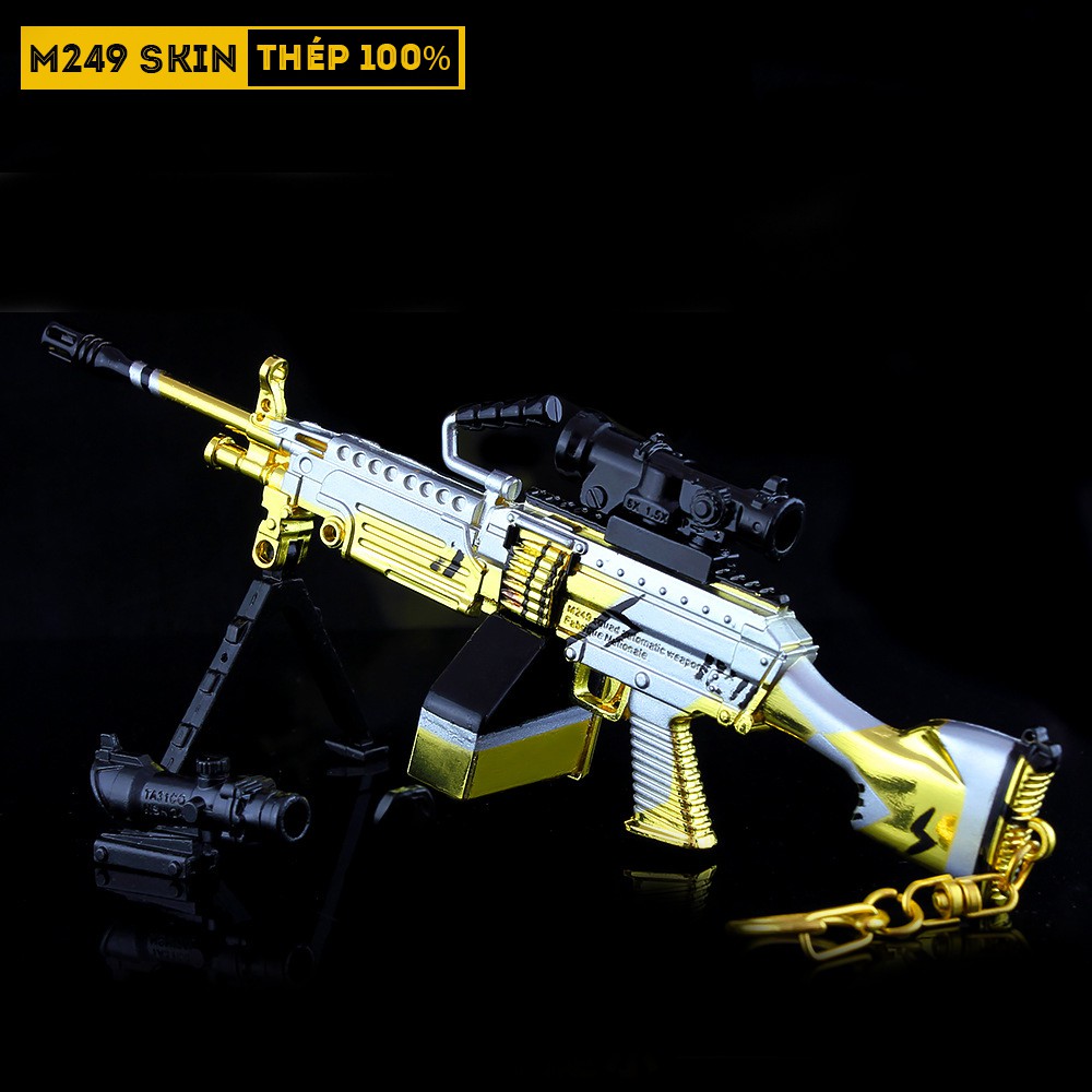 Mô Hình PUBG M249 Skin Ultimate Gold Tặng Kèm 3 Scope Và Kệ Trưng Bày 19cm