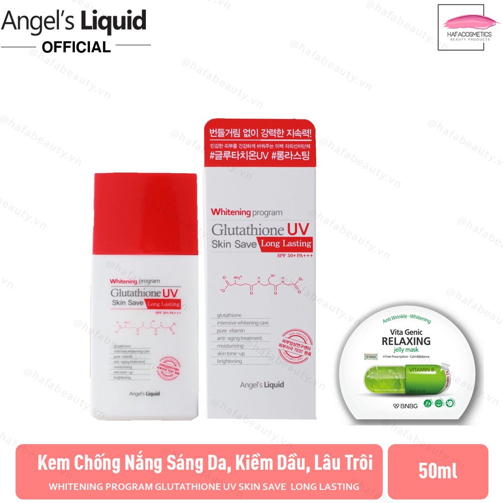 Kem Chống Nắng Angel’s Liquid Whitening Program Glutathione UV Skin Save Long Lasting SPF50+ PA+++ + Tặng 1 Mặt Nạ BNBG