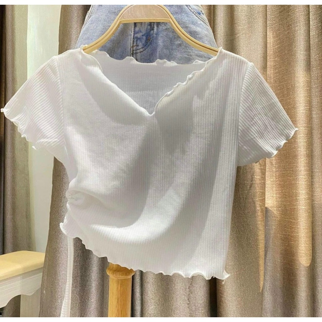 Áo Croptop Rút Eo Cuốn Biên Cổ Tim