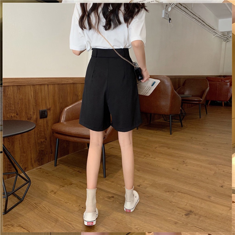 Quần short ống rộng cạp cao lưng thun màu đen D45 CRQ017 pyenstore