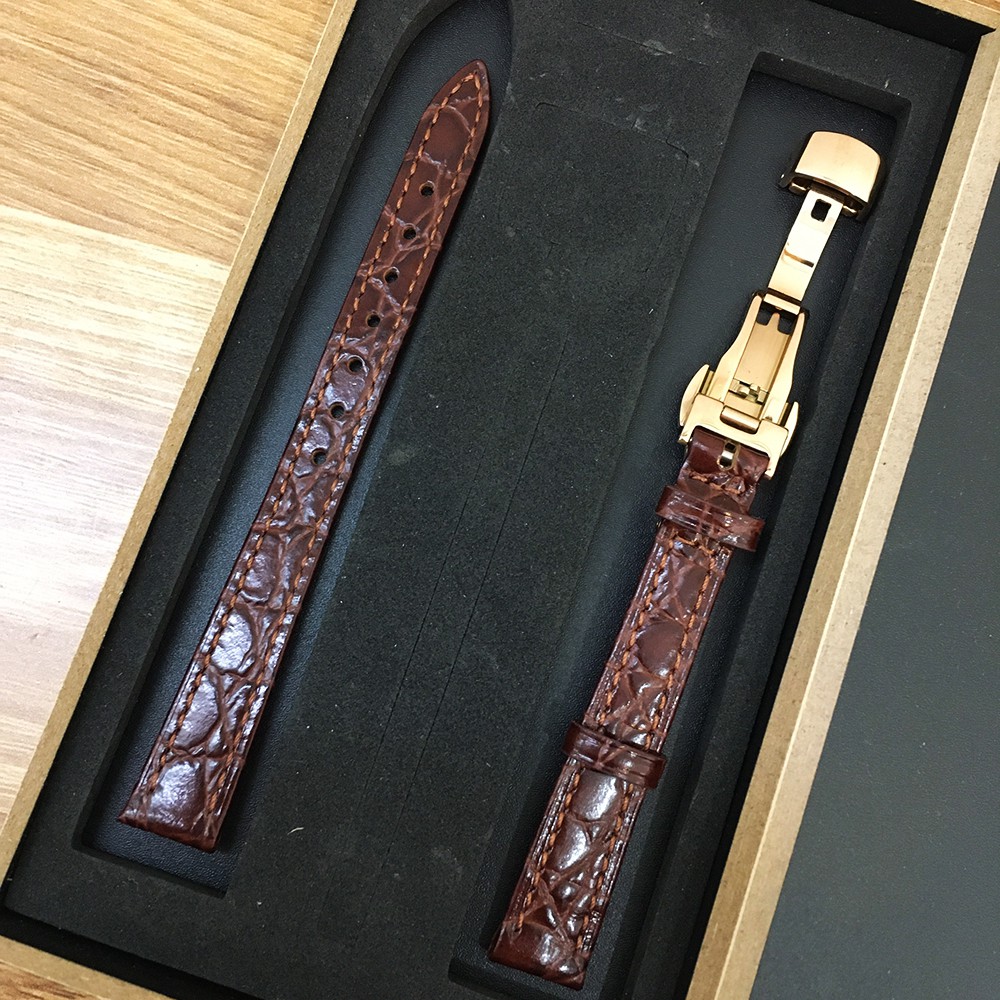[FREESHIP] Dây đồng hồ da khóa bạc Aono cho nữ size 12mm full hộp gỗ, 4 chốt kèm dụng cụ thay dây