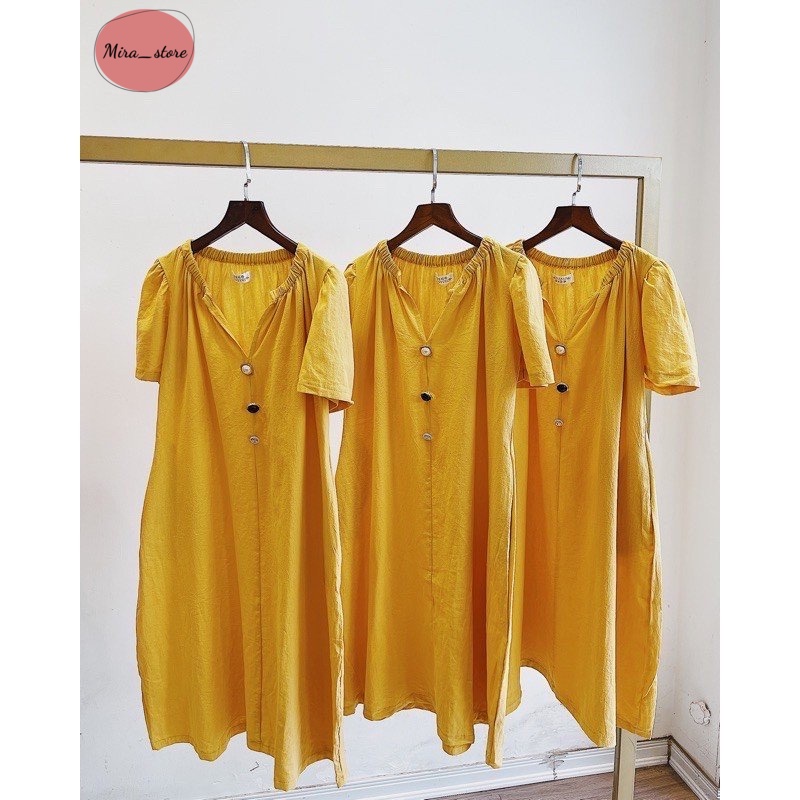 Váy Bầu Thiết Kế [FREESHIP] Đầm Bầu Chất Thô Đũi Màu Vàng Cổ V
