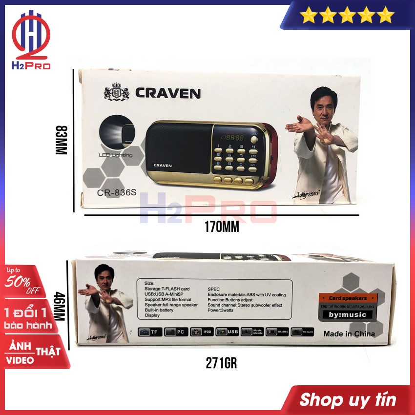 Đài FM-Mp3 CRAVEN CR-836S 3W H2Pro USB-Thẻ nhớ-Đèn pin-loại 2 pin sạc 18650 (1 chiếc - tặng 2 pin sạc 18650 80k)