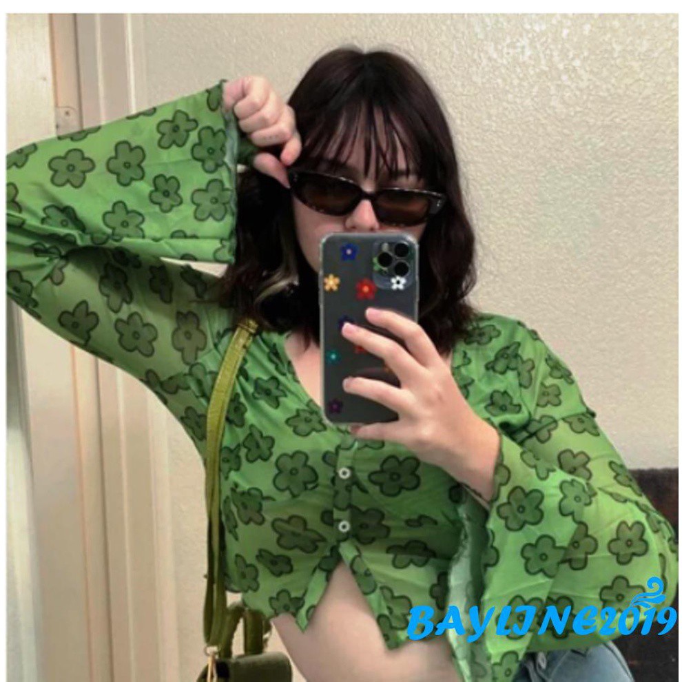 Áo Thun Lửng Tay Loe In Hoa Thời Trang Dành Cho Nữ