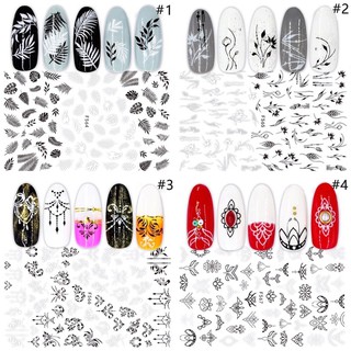 Sticker dán móng nail hoa lá trắng đen