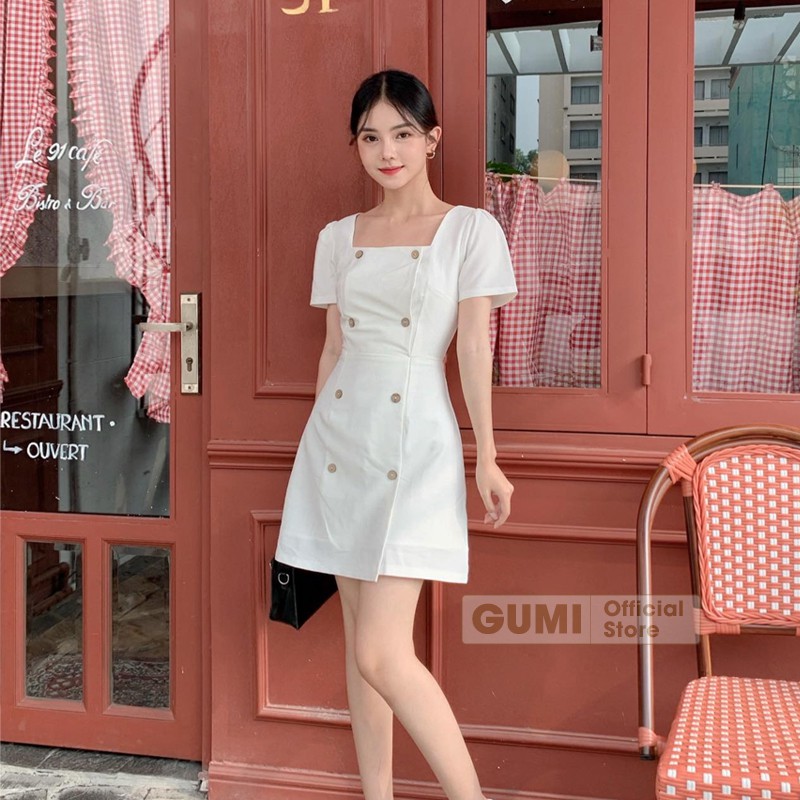 Váy nữ dự tiệc dáng chữ A cổ vuông tay phồng nút gỗ - Đầm dự tiệc Gumi trẻ trung sang trọng GM2073 | BigBuy360 - bigbuy360.vn
