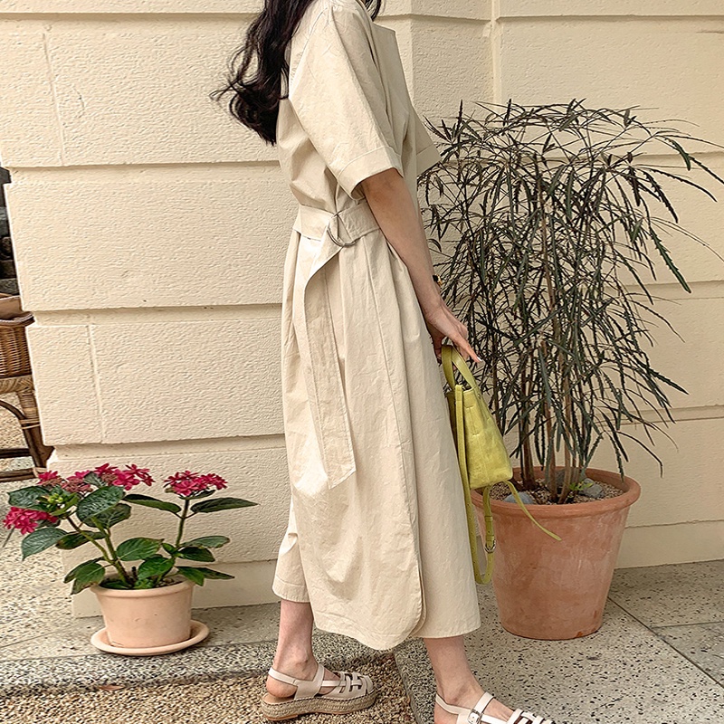 Váy vải thô cộc tay suông rộng dài thiết kế gài đai lưng 1 nửa eo style vintage Hàn Quốc