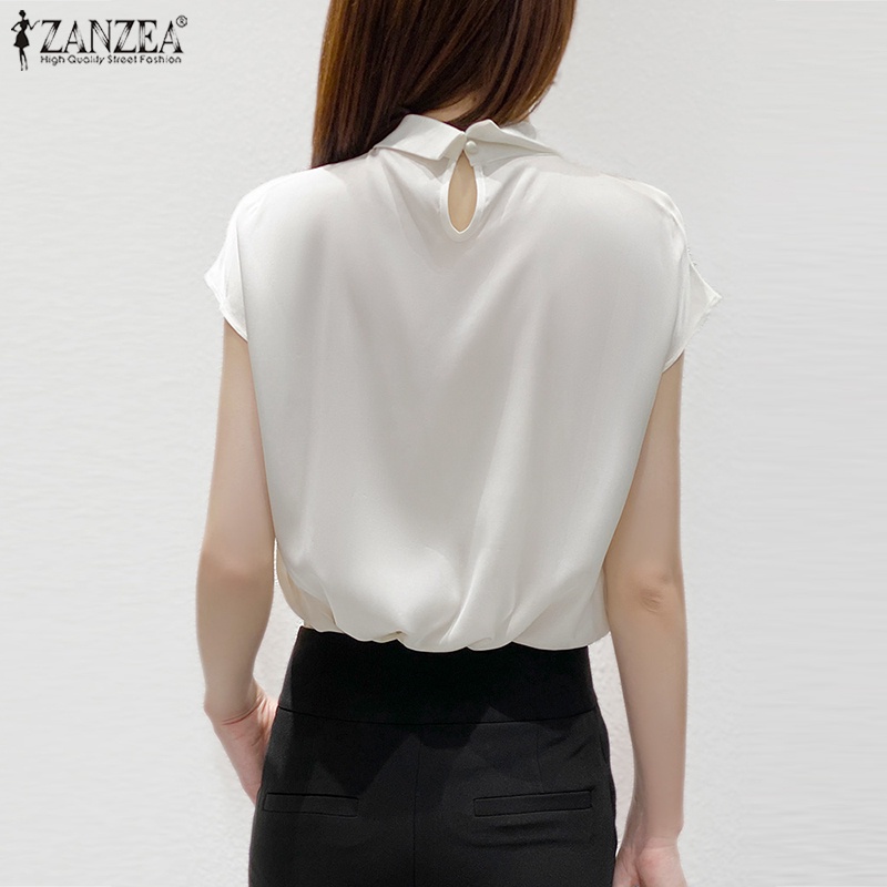 ZANZEA Áo Kiểu Vải Satin Tay Ngắn Cổ Tròn Thắt Nút Sau Lưng Cho Nữ