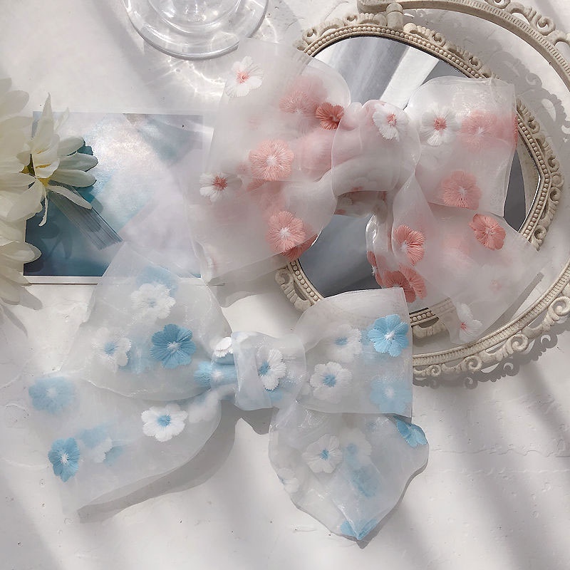 Dây Buộc Tóc Vải Organza Bản Lớn Thêu Hoa Cúc Phong Cách Hàn Quốc Lãng Mạn