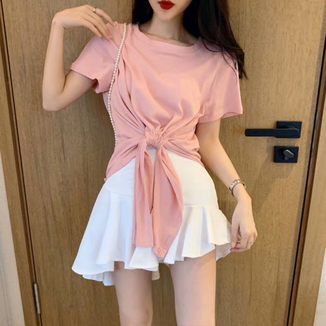 ♥️(Có ảnh thật, sẵn áo đen) Set thun chân váy áo cột nơ♥️