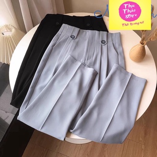 Quần baggy nữ lưng cạp cao đai đỉa bản to dáng dài màu Den Ghi ghi đi học đi làm.